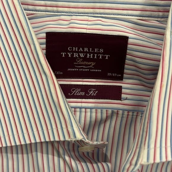 2-Charles Tyrwhitt Check Plaid & Stripe French Cuff Dress Shirt Red Gray Rainbow - Picture 4 of 6